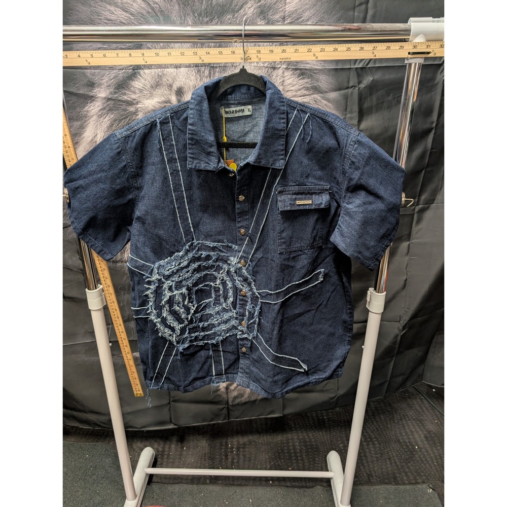 Watson Studios Denim Spiderweb SS Button Up Shirt Blue Streetwear Size XL
